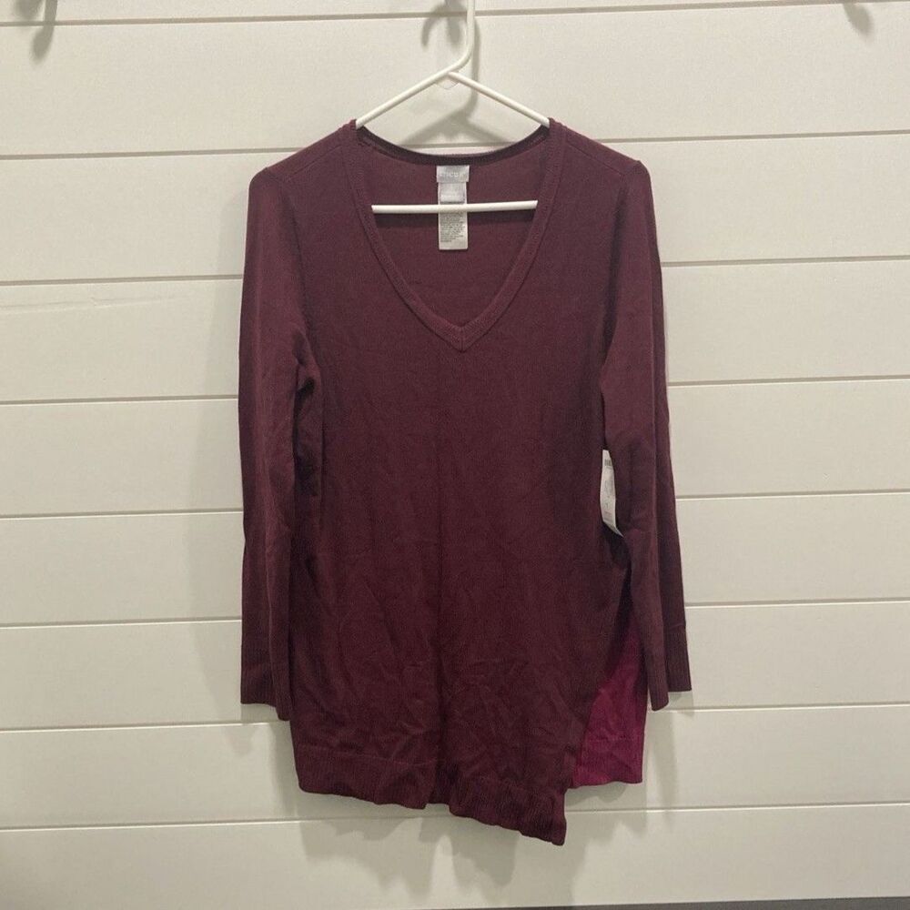 NEW Chico’s Burgundy, Asymmetrical, Tunic, V-neck Sweater-Size Medium US